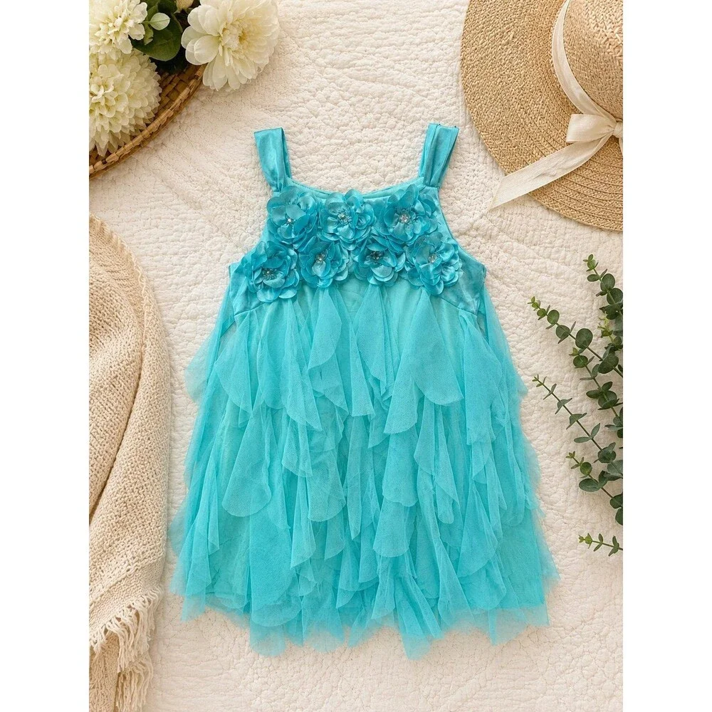 Biscotti Girls Size 5 Aqua Blue Floral Appliqué Tiered Tulle Party Dress
